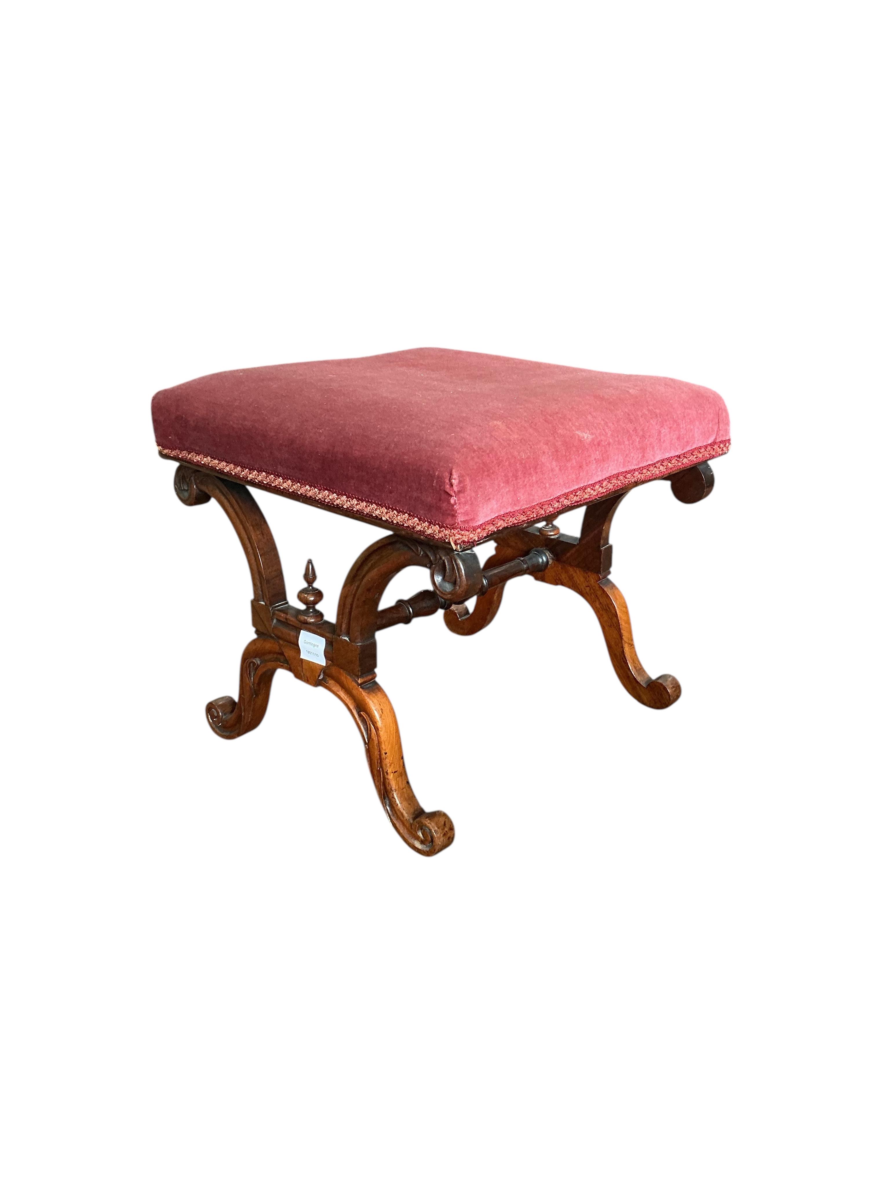 A Victorian rosewood X frame dressing stool, width 46cm, height 43cm.